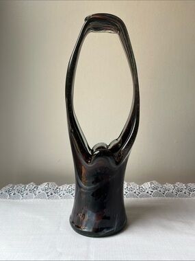 Vintage 1960s Art Glass Basket - Deep Warm Brown Hand-Blown Loop Vase